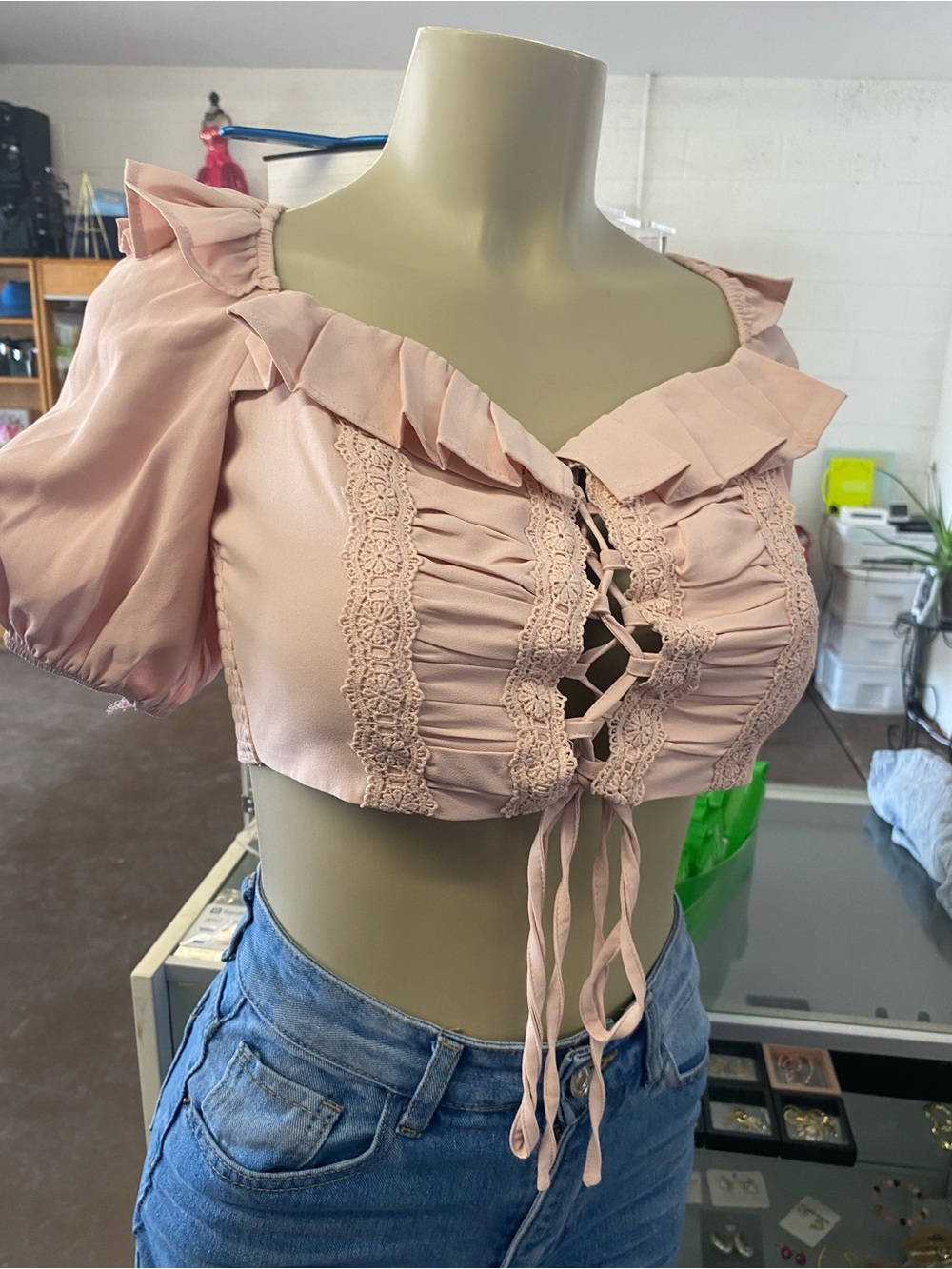Lace-Up Ruffled Crop Top in Blush Pink